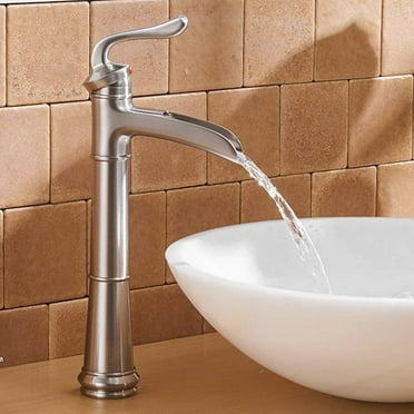 AWZTOO Waterfall Bathroom Vessel Faucet Single Handle Bathroom Vessel Sink Faucets One Hole Modern Basin Vanity High Taps With Valve Brushed Nickel