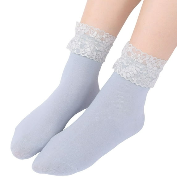 AWZXDE 1 Pair Women Summer Soft Solid Color Lace Trim Socks Medium Length Stockings Casual Cotton Ankle Socks womens socks Light Blue