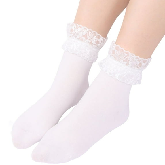AWZXDE 1 Pair Women Summer Soft Solid Color Lace Trim Socks Medium Length Stockings Casual Cotton Ankle Socks womens socks White