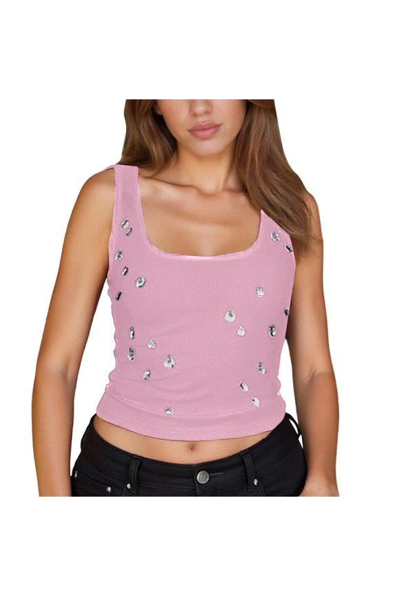 2026 Women Summer Beaded Neckline Elegant Sleeveless Tank Tops For Women For Casual Wear And Layering Camisole Pink,S