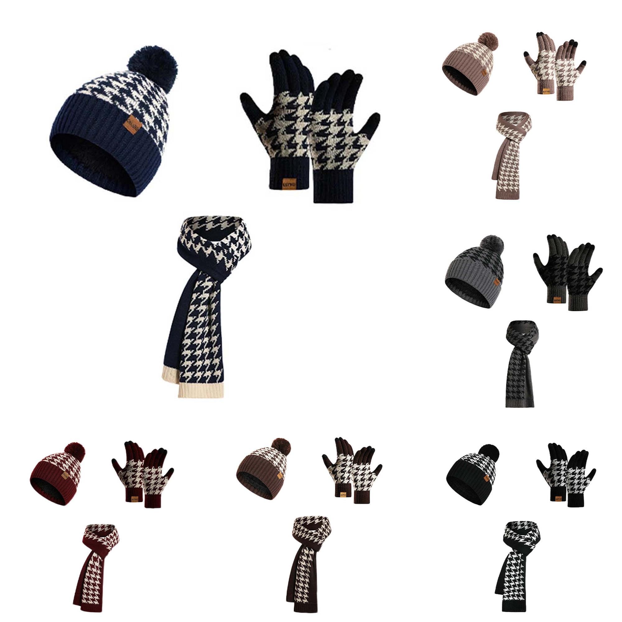 Knitted Tooth AWZXDE 3 Pieces Houndstooth Winter Knit Set Pom Pom Beanie Hat Long ...