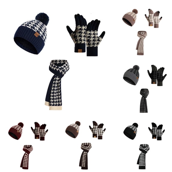 Knitted Tooth AWZXDE 3 Pieces Houndstooth Winter Knit Set Pom Pom Beanie Hat Long ...