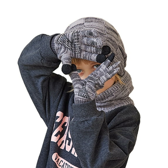 AWZXDE 4-10 Years Children Winter Hat Gloves Scarf Set Ear Cover Hood Warm Knit Wool Hat for Boys and Girls Cold Weather Grey