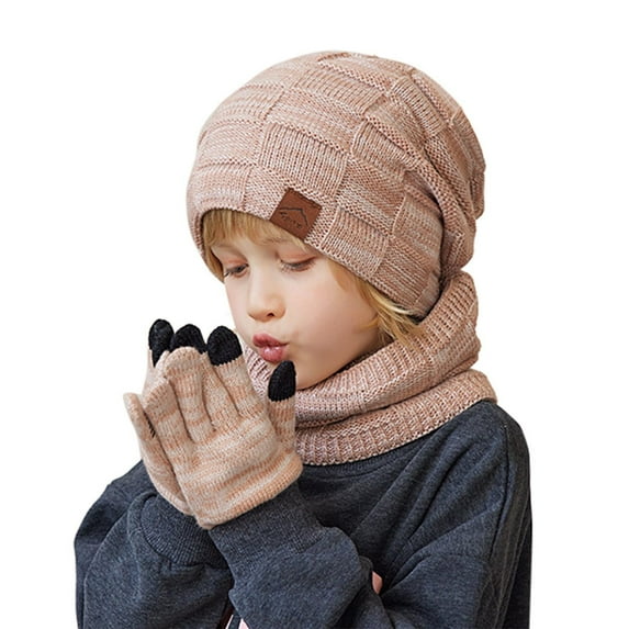 AWZXDE 4-10 Years Children Winter Hat Gloves Scarf Set Ear Cover Hood Warm Knit Wool Hat for Boys and Girls Cold Weather Pink