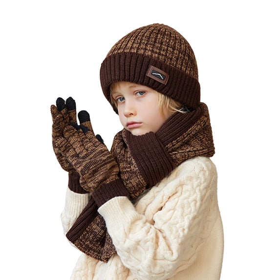 AWZXDE 4-10 Years Kids Winter Hat Scarf Gloves Set Outdoor Warm Thickened Lined Knit Wool Cap Warm Set for Children Cold Weather Coffee