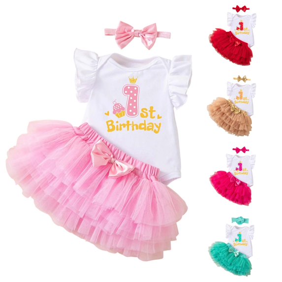 AWZXDE Adorable Birthday Dress For Girls Skirt Cozy Romper Outfit First Celebration Toddler Girl Clothes Set Pink,9-12 Months