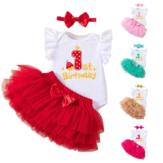 AWZXDE Adorable Birthday Dress For Girls Skirt Cozy Romper Outfit First Celebration Toddler Girl Clothes Set Red,1-3 Months