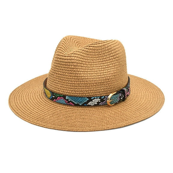 AWZXDE Adults Unisex Retro Western Cowboy Hat Leather Belt Wide Cap Straw Hat For Summer Sun Block Khaki