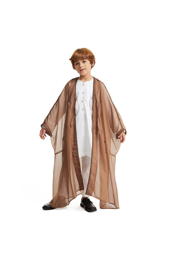 Arabic Thobe Kaftan Long Sleeve Embroidered Robe Boys Coat National For Teenage Boys Coffeeï¼9-10 Years