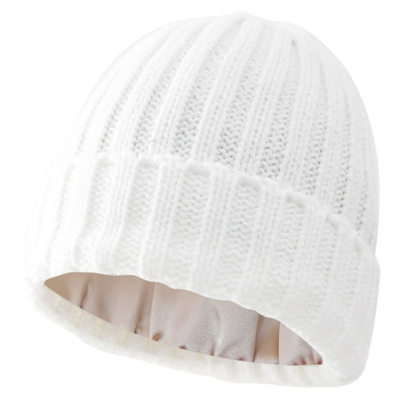 AWZXDE Autumn Winter Women's Solid Color Warm Knit Hat Satin Lined Beanie Winter Hats for Women Fashion Casual Caps for Cold Weather White,One Size