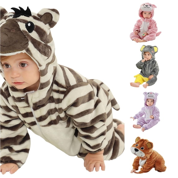 AWZXDE Baby Animal Flannel Hooded Romper Zipper Cartoon Jumpsuit Halloween Cosplay Outfit for Toddler Light Gray - 3-6 Months