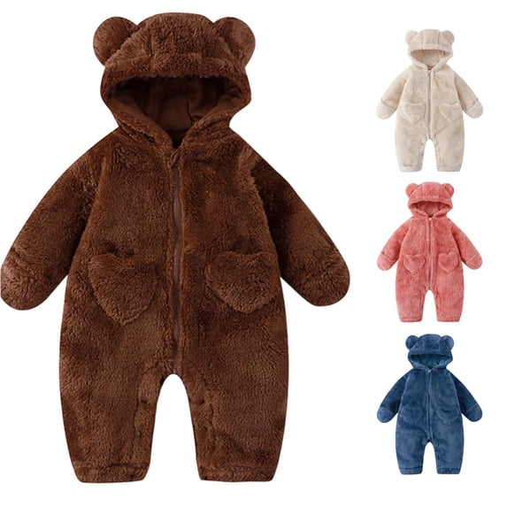 AWZXDE Baby Boys Sleepsuit Winter Warm Hooded Bear Design Soft Cozy Pajama Set For Toddler Brown,9-12 Months
