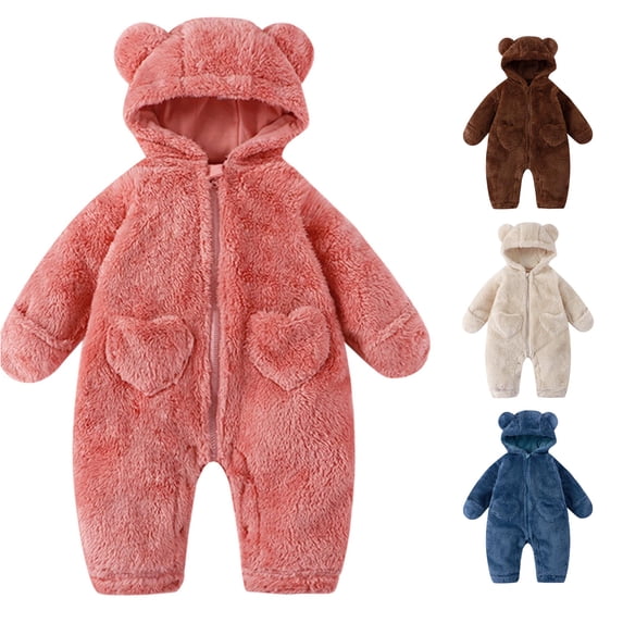AWZXDE Baby Boys Sleepsuit Winter Warm Hooded Bear Design Soft Cozy Pajama Set For Toddler Pink,9-12 Months