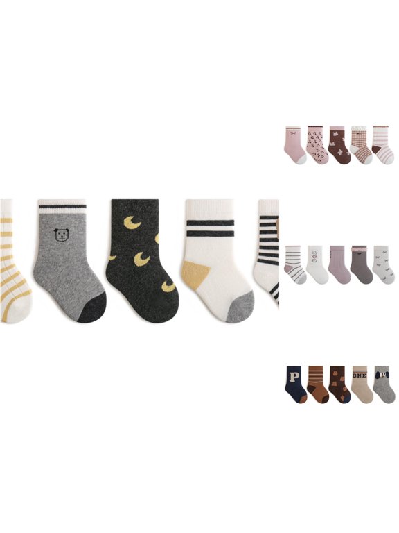 Baby Crew Socks 5 Pairs Cute Cartoon Striped Print Knit Socks Soft Breathable Casual Mid‑Calf Socks Assorted Pattern Set for Toddlers for Daily Home And Outdoor Wear Grey - 0-1 Years