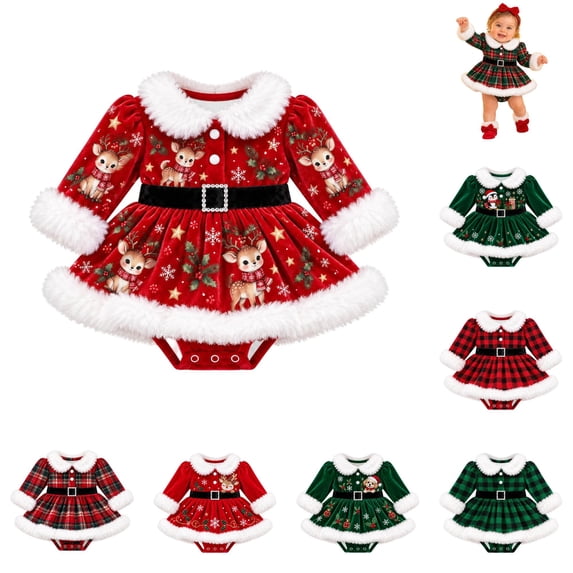 AWZXDE Baby Girl Christmas Skirted Romper Outfit Long Sleeve Plaid Dress Bodysuit With Rhinestone Buckle Belt For Xmas Family Photos
