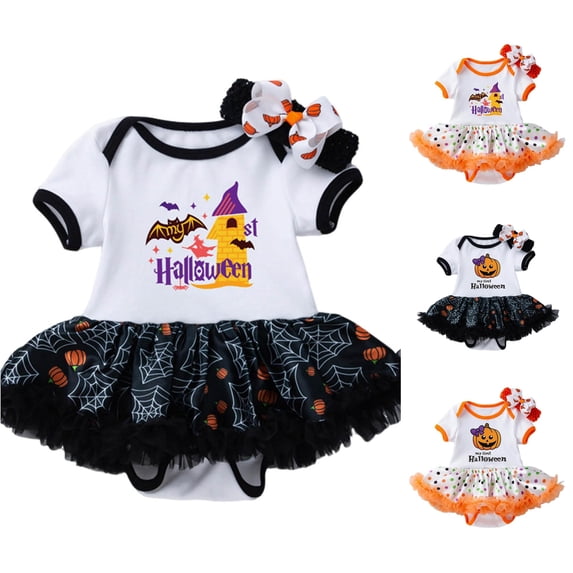 AWZXDE Baby Girl My First Halloween Tutu Bodysuit Outfit Short Sleeve Pumpkin Print Romper Dress With Bow Headband Black - 12-24 Months