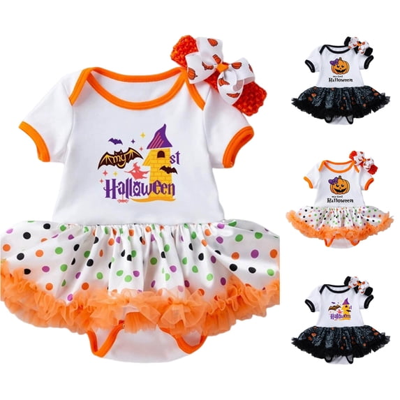AWZXDE Baby Girl My First Halloween Tutu Bodysuit Outfit Short Sleeve Pumpkin Print Romper Dress With Bow Headband Orange - 6-12 Months