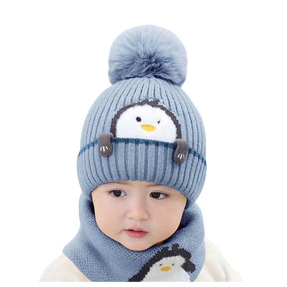 AWZXDE Baby Hats Soft Warm Knit Hat Kids Winter Hat With Comfortable Earflap Scarf Hood Hat For Boys Girls Blue