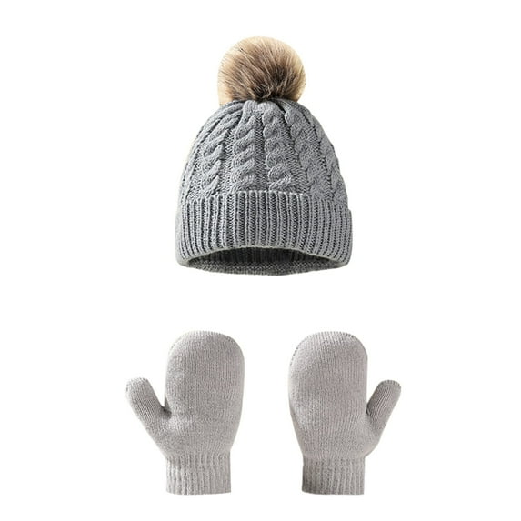 AWZXDE Baby Kids Knit Wool Hat Gloves Set Two-Piece Solid Color Thickened Warm Winter Cap Gloves Set for Toddlers Grey