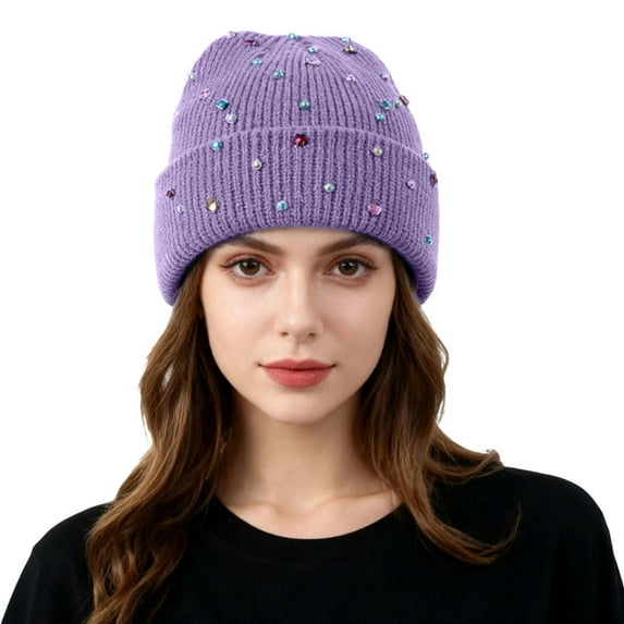 AWZXDE Beanie Hats For Women Colorful Beaded Knitted Cap Versatile Style Warm For Autumn And Winter Purple