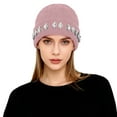 thumbnail image 1 of AWZXDE Beanie Hats For Women Pearl Chain Rhinestone Knitted Cap Unique Versatile Warm Ear Covering For Autumn Winter Pink, 1 of 3