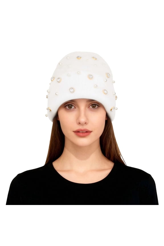 Beanie Hats For Women Rhinestone And Pearl Detailed Winter Knitted Wool Cap Fashion Punk Style Pullover White