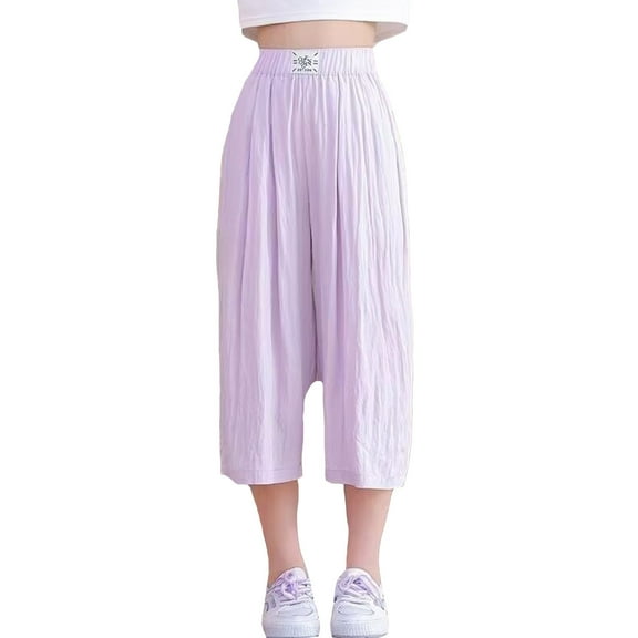AWZXDE Big Kids Seven Parts Pants Summer Girls Lightweight Pure Color Versatile Relaxed Casual Wide Leg Purple,4-5 Years