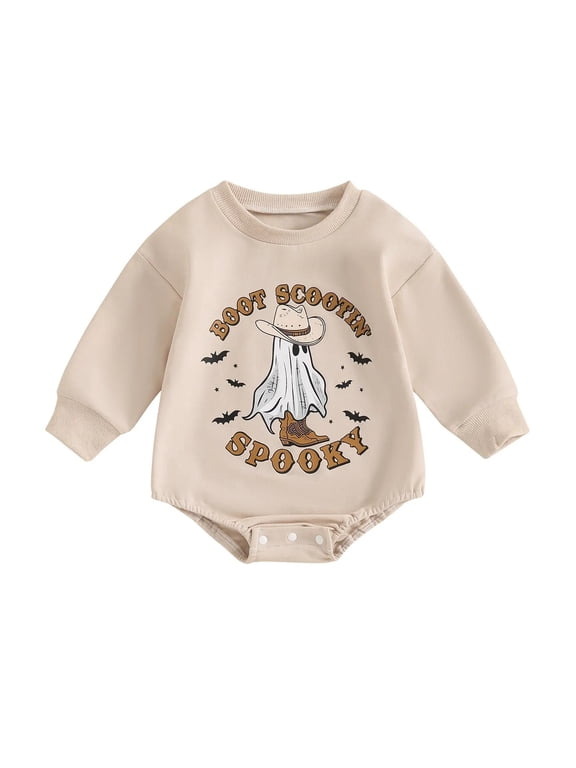 Boot Scootin Cowboy Baby Sweatshirt Romper Western Bat Print Crew Neck Long Sleeve Bodysuit Snap Crotch Casual Fall Halloween Party Outfit Beige - 12-18 Months