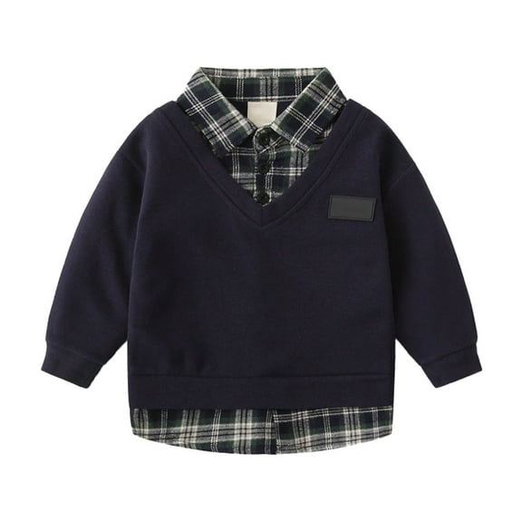 AWZXDE Boys 2 Shirt V-Neck Sweater with Plaid Collar Casual Layered Top Long Sleeve Short Style Pullover Navy,12-18 Months