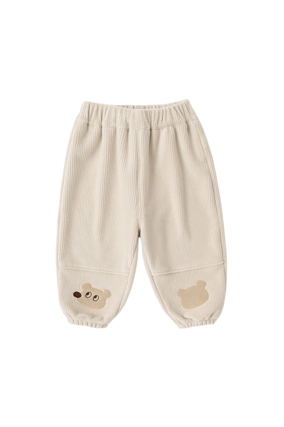 Boys Sweatpants Bear Patch Jogger Style with Wide Elastic Waistband Ribbed Ankle Loose Baggy Fit Soft Thick Casual Bottoms for School and Outdoor Play Beige - 3-4 Years