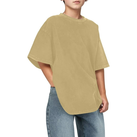 AWZXDE Boys Big Size Short Sleeve T Shirt Loose Fit Retro Washed Round Neck Casual Tee Relaxed Top 3-14 Years Khaki，3-4 Years