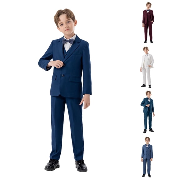 AWZXDE Boys Business Suits Coat 4 Piece Outfit Tuxedo Set For Kids Formal Suit With Vest Pants Bowtie Slim Navy,4-5 Years