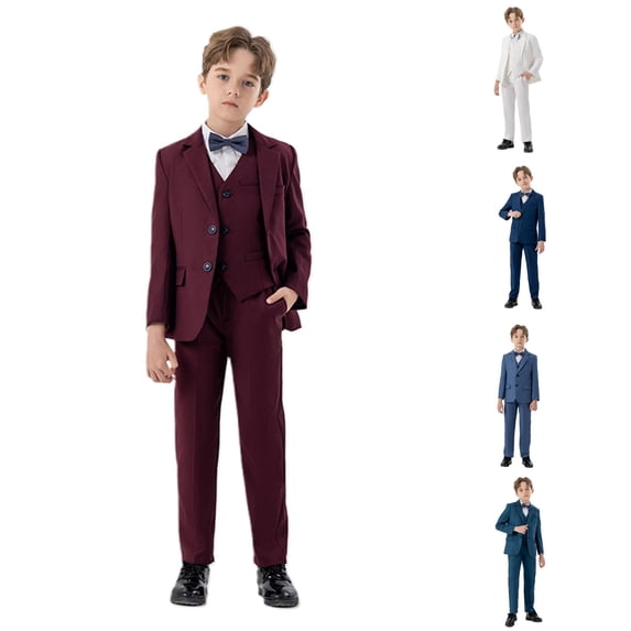 AWZXDE Boys Business Suits Coat 4 Piece Outfit Tuxedo Set For Kids Formal Suit With Vest Pants Bowtie Slim Wine,9-10 Years