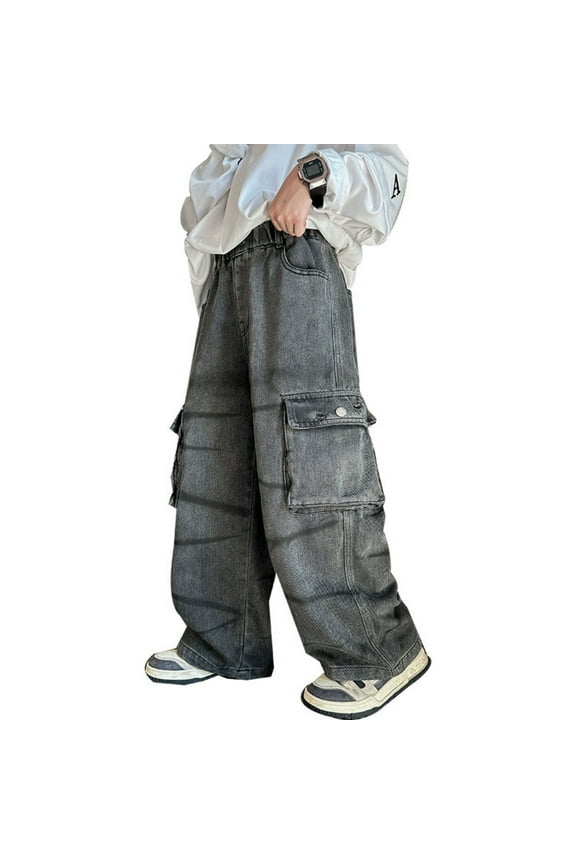 Boys Cargo Jeans Fashion Designed Retro Handsome Kids Loose Fit Casual Straight Wide Leg Denim Pants Black,9-10 Years