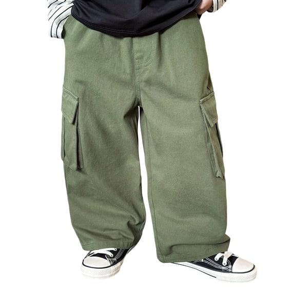 AWZXDE Boys Cargo Wide Leg Pants Elastic Waist Pocket Casual Trousers Kids Loose Streetwear Pants for Outdoor Daily Wear Army Green - 11-12Years