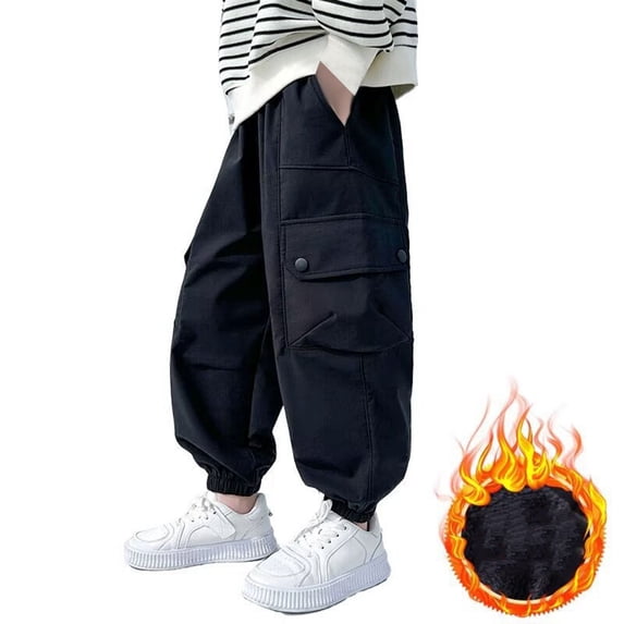 AWZXDE Boys Casual Pants Pocket Cargo Jogger Pants Elastic Loose Fit Warm Lined Trousers For Fall Winter Outdoor Daily Wear Black - 13-14 Years