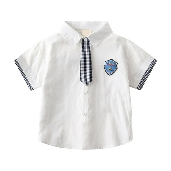 AWZXDE Boys Casual Shirt Short Sleeve Airplane Letter Print Stylish Tie Collar Breathable Top For Summer School Play 1-7Y boys shirts White，3-4 Years