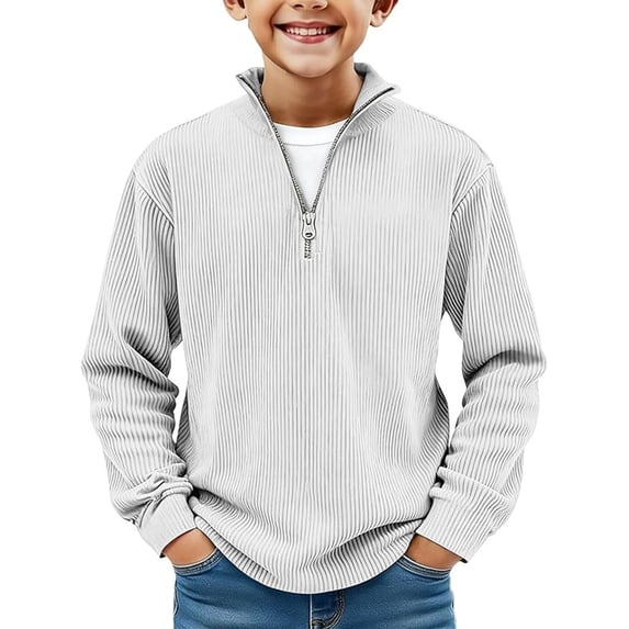 AWZXDE Boys Corduroy Quarter Zip Pullover Long Sleeve Collared Sweater Casual Ribbed Fall Top boys sweatshirts White,11-12 Years