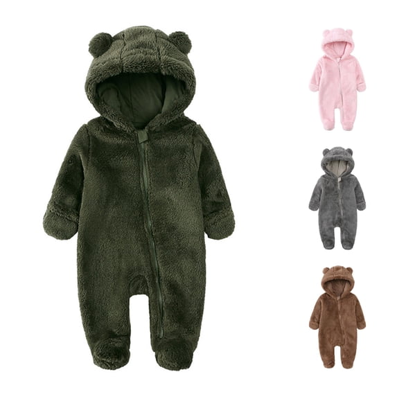 AWZXDE Boys Everyday Layering Rompers, Fuzzy Bear Ear Hooded Full Zip Footed Long Sleeve Romper, Warm Casual Outer Playsuit For Daily & Outdoor Use Army Green - 3-6 Months