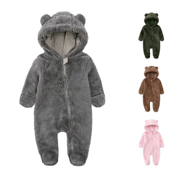 AWZXDE Boys Everyday Layering Rompers, Fuzzy Bear Ear Hooded Full Zip Footed Long Sleeve Romper, Warm Casual Outer Playsuit For Daily & Outdoor Use Dark Gray - 0-3 Months