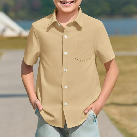 AWZXDE Boys And Girls Button Down Pocket Shirts Short Sleeve Solid Color Shirt Kids Summer Casual Beach Shirts Comfortable And Breathable Khaki,13-14 Years