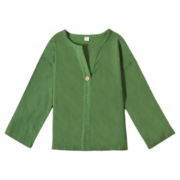 AWZXDE Boys Girls Short Sleeve V-Neck Top Solid Color Linen Cotton Comfortable Casual Spring Fall Tee Green，6-7 Years