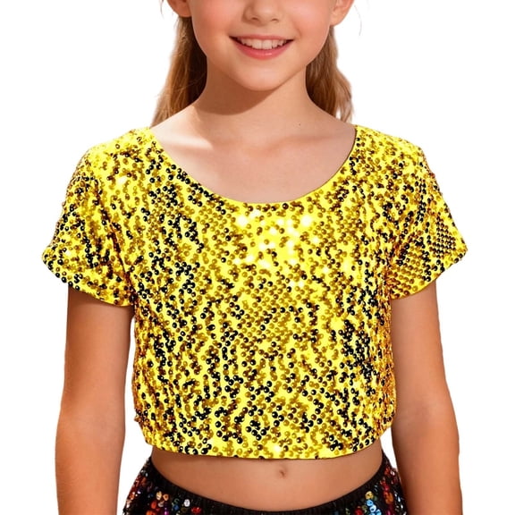AWZXDE Boys Girls Sparkly Cheerleading Short Sleeve T Shirt Glitter Top For Festive Party Stage Show Events boys t shirts Gold,One Size