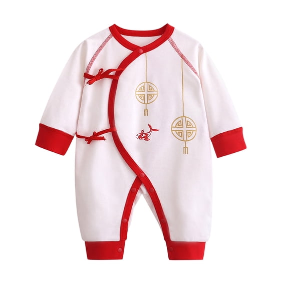 AWZXDE Boys Lap Shoulder Bodysuits Traditional Embroidery Long Sleeve Bodysuit Side Snap Placket Contrast Soft Knit Casual Holiday Daily Outfit White - 0-1 Months