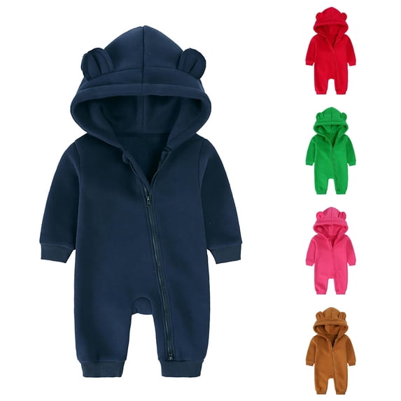 AWZXDE Boys Loose Fit Rompers Bear Ear Hooded Full Zipper Long Sleeve Romper Elastics Casual Daily Layering Romper Navy - 0-3 Months