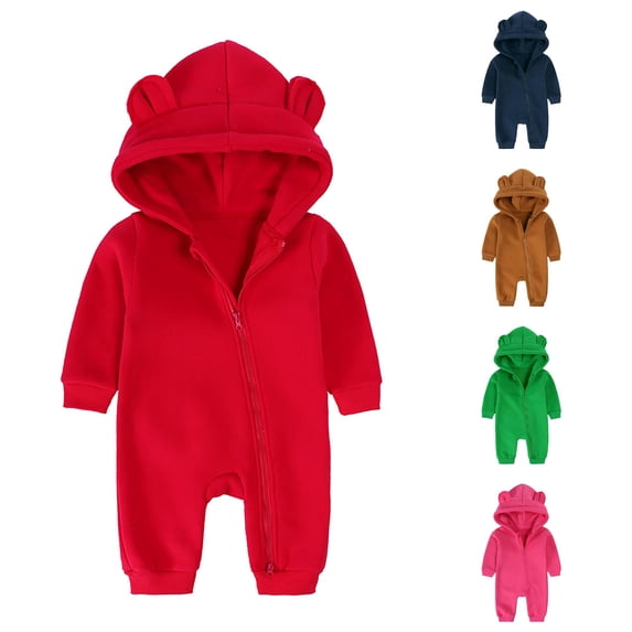 AWZXDE Boys Loose Fit Rompers Bear Ear Hooded Full Zipper Long Sleeve Romper Elastics Casual Daily Layering Romper Red - 0-3 Months