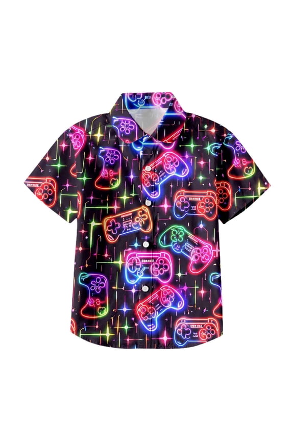 Boys Neon Game Print Casual Short Sleeve Button Down Shirt For Spring And Summer Outdoor Activities Multicolour,13-14 Years