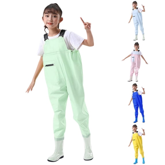 AWZXDE Boys Outdoor Play Rompers Solid Color Bib Suspender Waders Adjustable Buckle Straps Zipper Pocket Integrated Boots Water Overalls Green - 9-10 Years