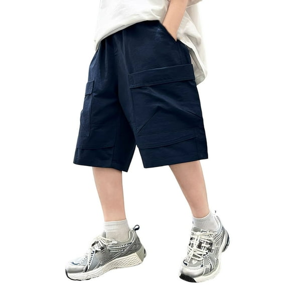 AWZXDE Boys Pants Spring Summer Street Leisure Sports Pocket Drawstring Stretch Waist Color Cargo Shorts For Big Kids Navy