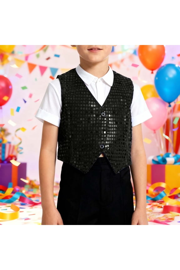 Boys Performance Vest Stage With Sparkling Sequins For Dance Shows And Party Events Hop Jazz Dancewear For Kids Black,6-7 Years